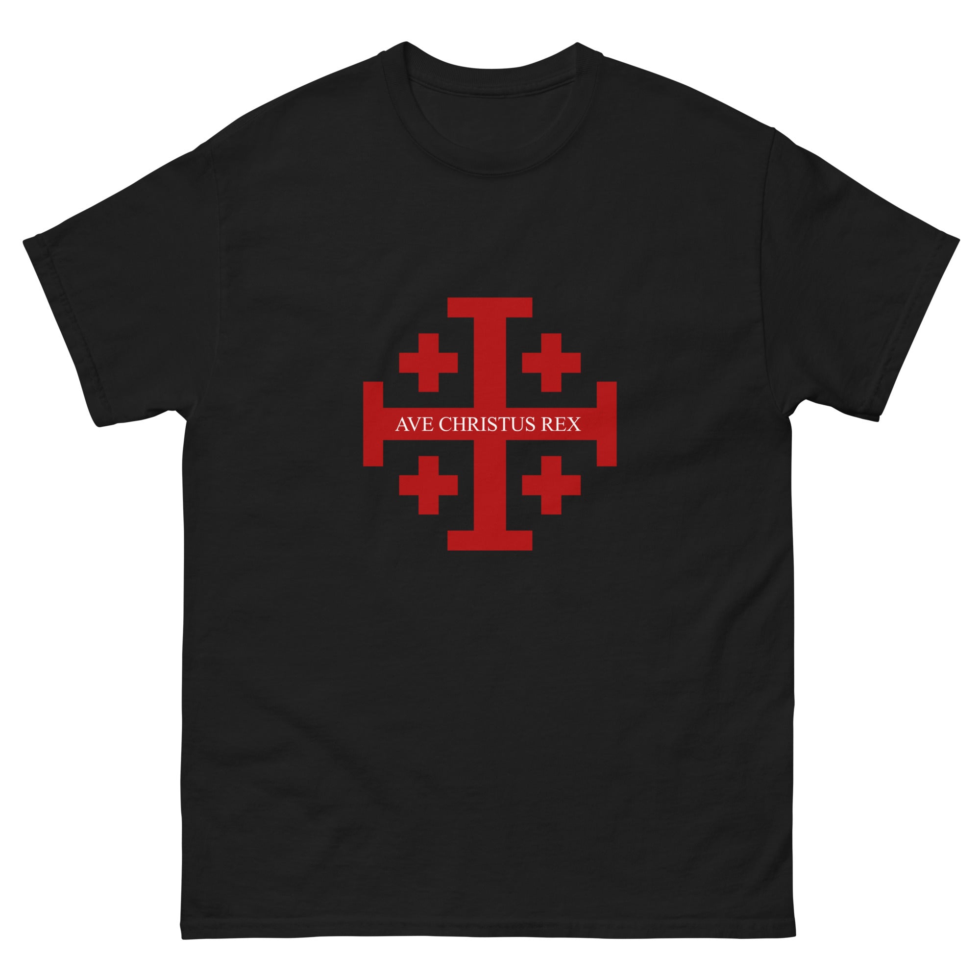 Ave Christus Rex Tee-Shirt - Jerusalem Cross - Black Front