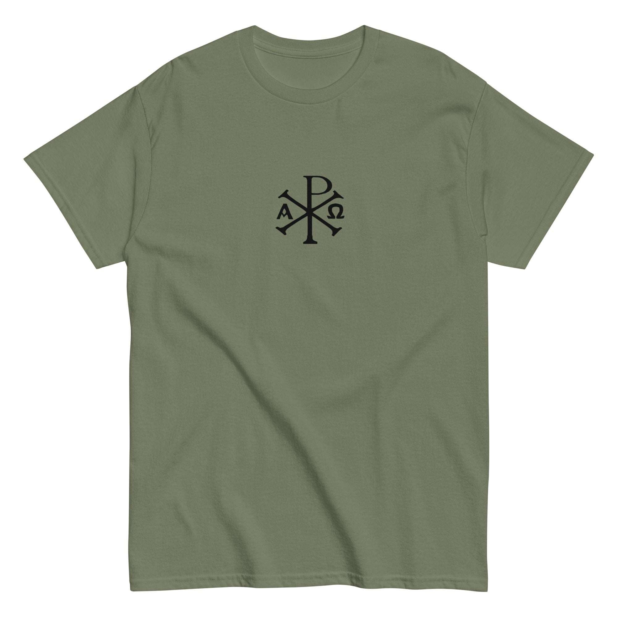 Chi-Rho Christogram Christian Tee Shirt - Military Green Color - Front