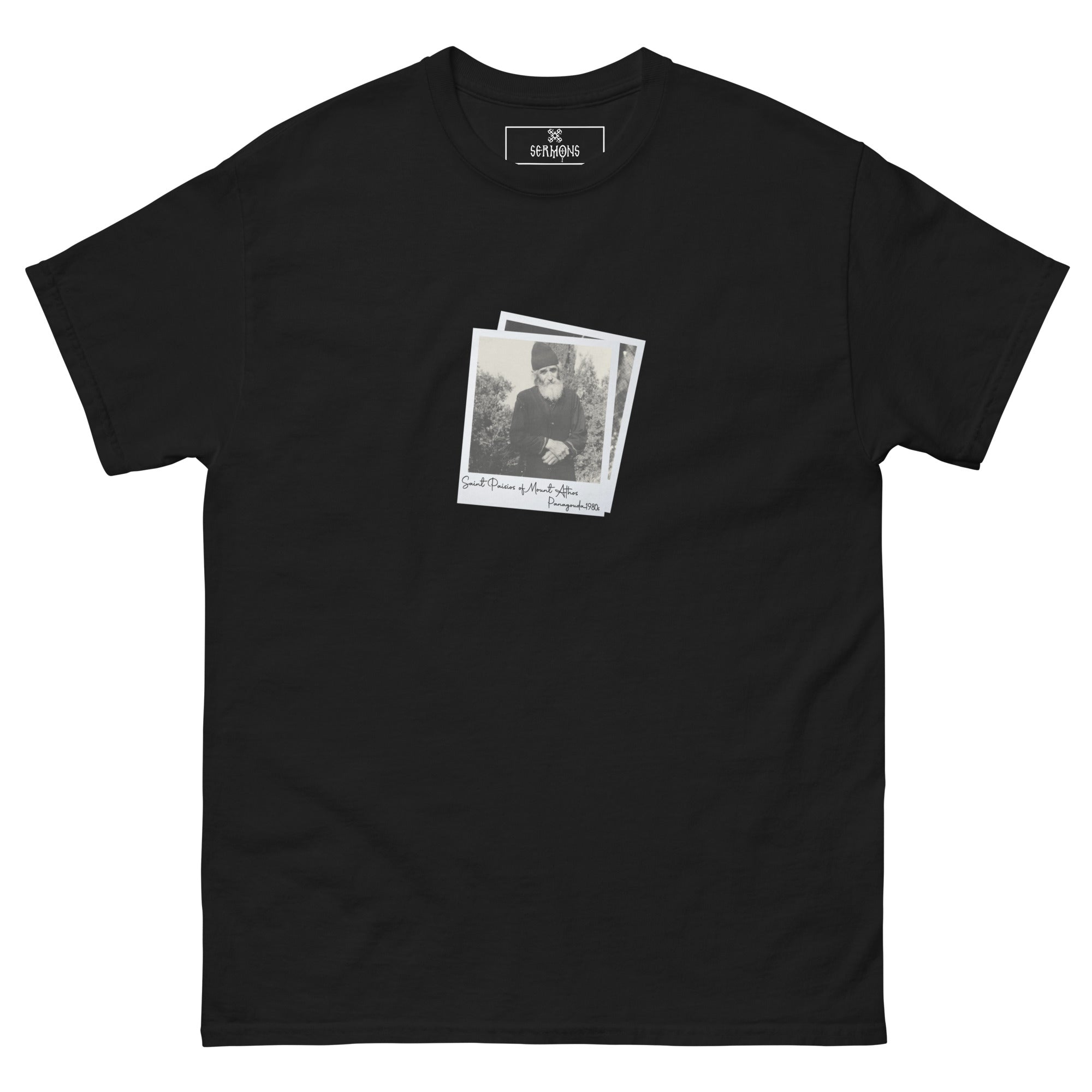 A black t-shirt with a stamp of saint Paisios
