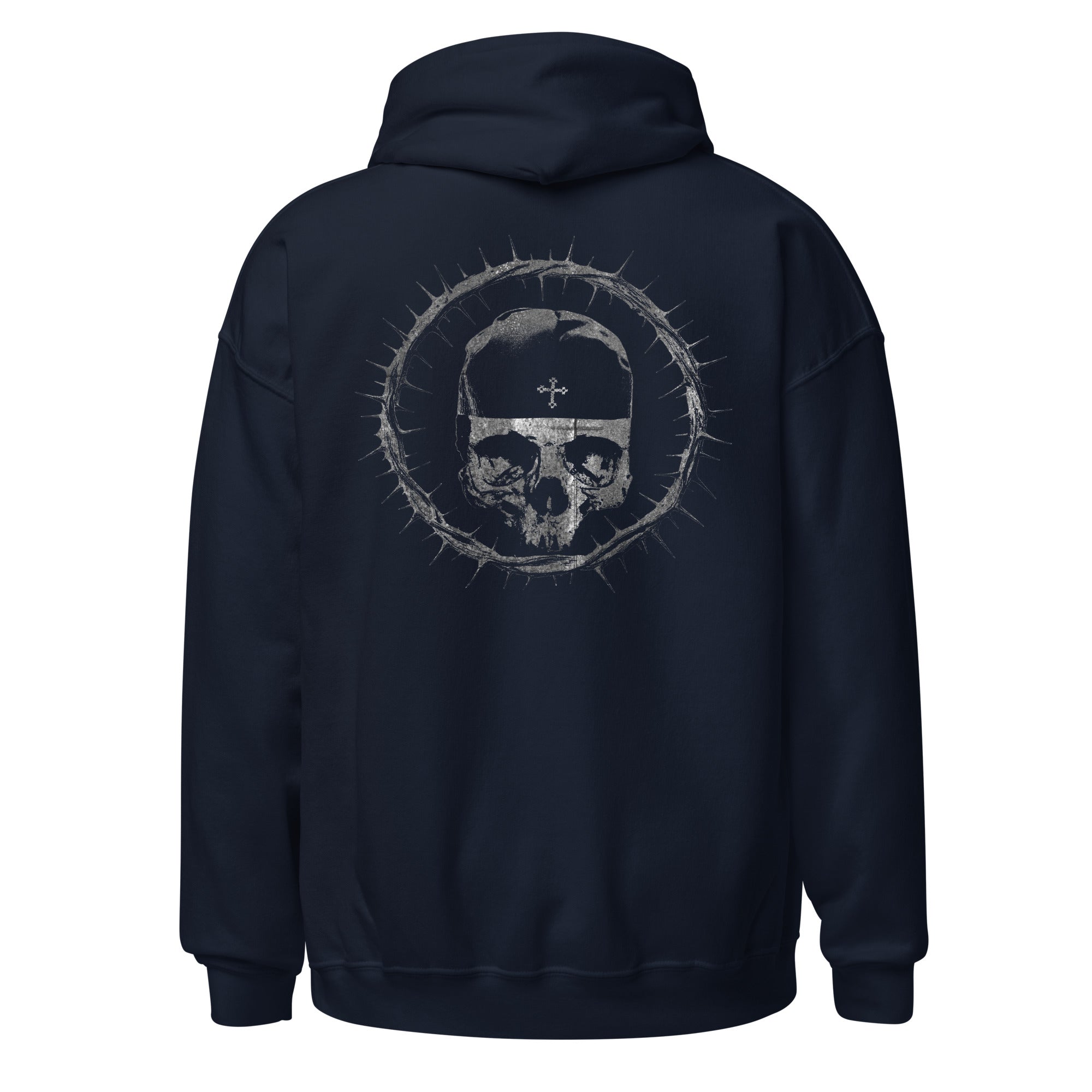 The back view of the crown of thorns navy blue hoodie. The design features the signature Sermons monk skull with the skoufia bearing the Cross, enclosed within our Lord’s crown of thorns.