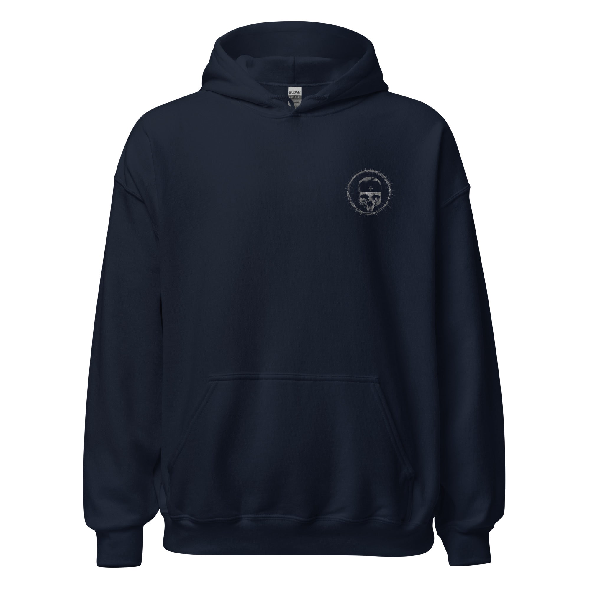 The front view of the crown of thorns navy blue hoodie. The design features the signature Sermons monk skull with the skoufia bearing the Cross, enclosed within our Lord’s crown of thorns.