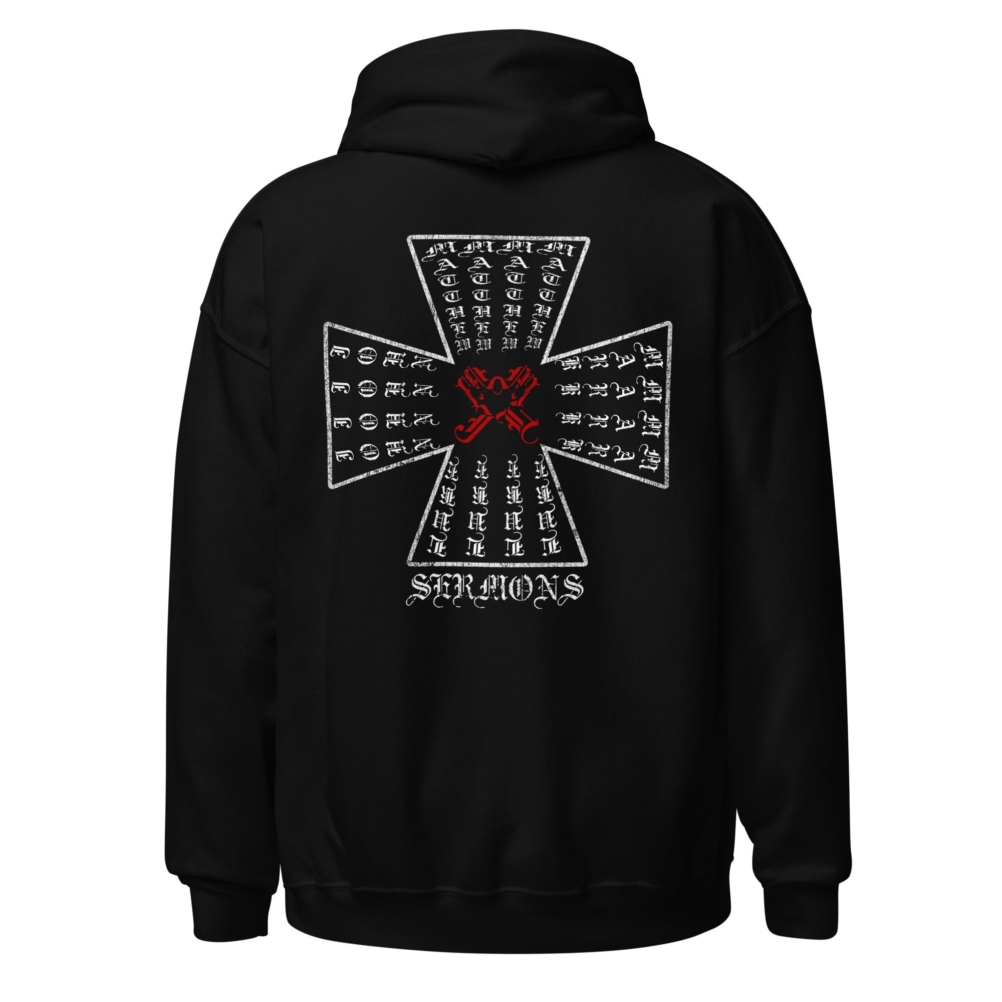 The back view of the four evangelists cross hoodie in black, The design features the names of the Four Holy Evangelists Matthew, Mark, Luke, and John are arranged within a cross, with their four initials united at the center. At the center of the Orthodox life stands the written Word, handed down through the ages by the faithful.
