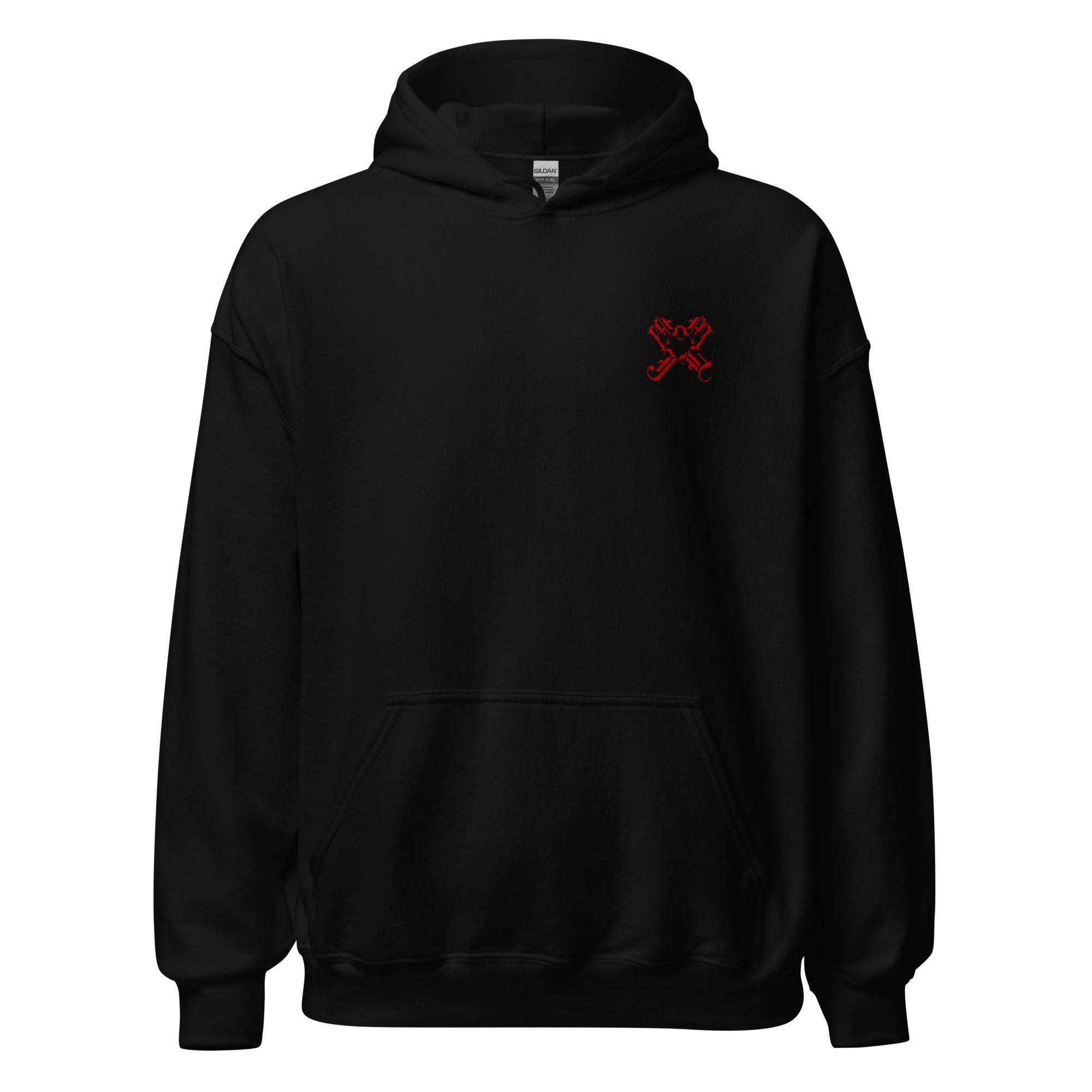 The front view of the four evangelists cross hoodie in black, The design features the names of the Four Holy Evangelists Matthew, Mark, Luke, and John are arranged within a cross, with their four initials united at the center. At the center of the Orthodox life stands the written Word, handed down through the ages by the faithful.