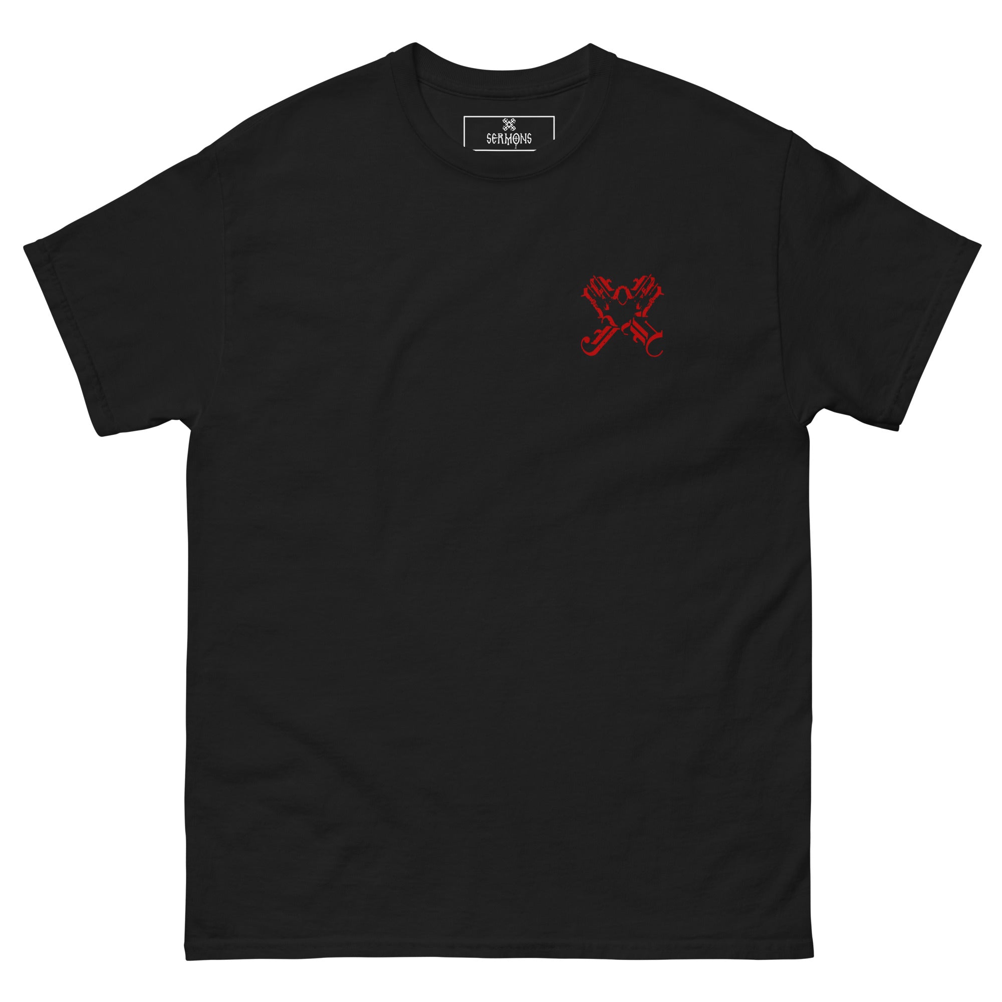 The front view of the four evangelists cross T-Shirt in black, The design features the names of the Four Holy Evangelists Matthew, Mark, Luke, and John are arranged within a cross, with their four initials united at the center. At the center of the Orthodox life stands the written Word, handed down through the ages by the faithful.
