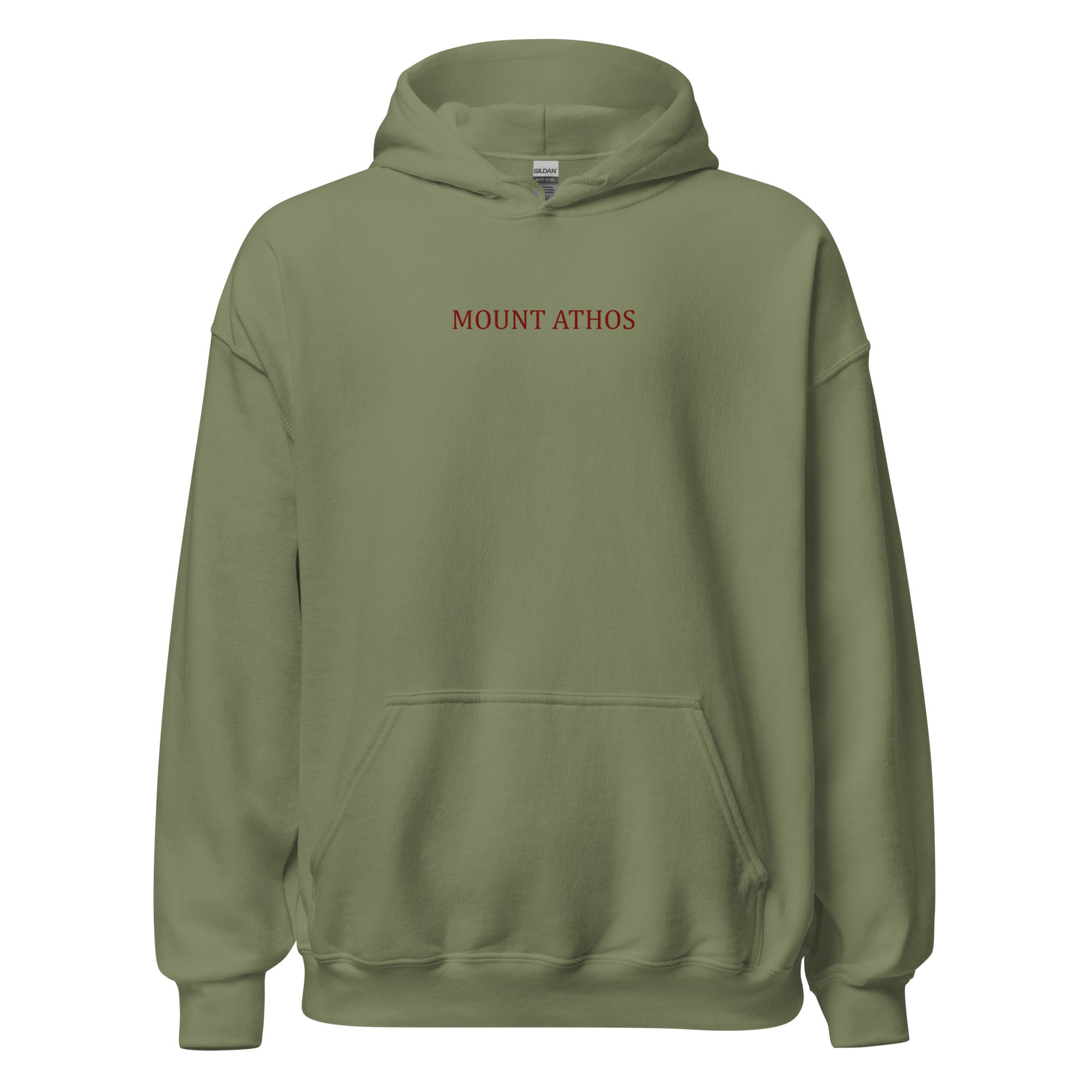 Mount Athos Orthodox Christian hoodie - military green front view with a red text writing "Mount Athos"