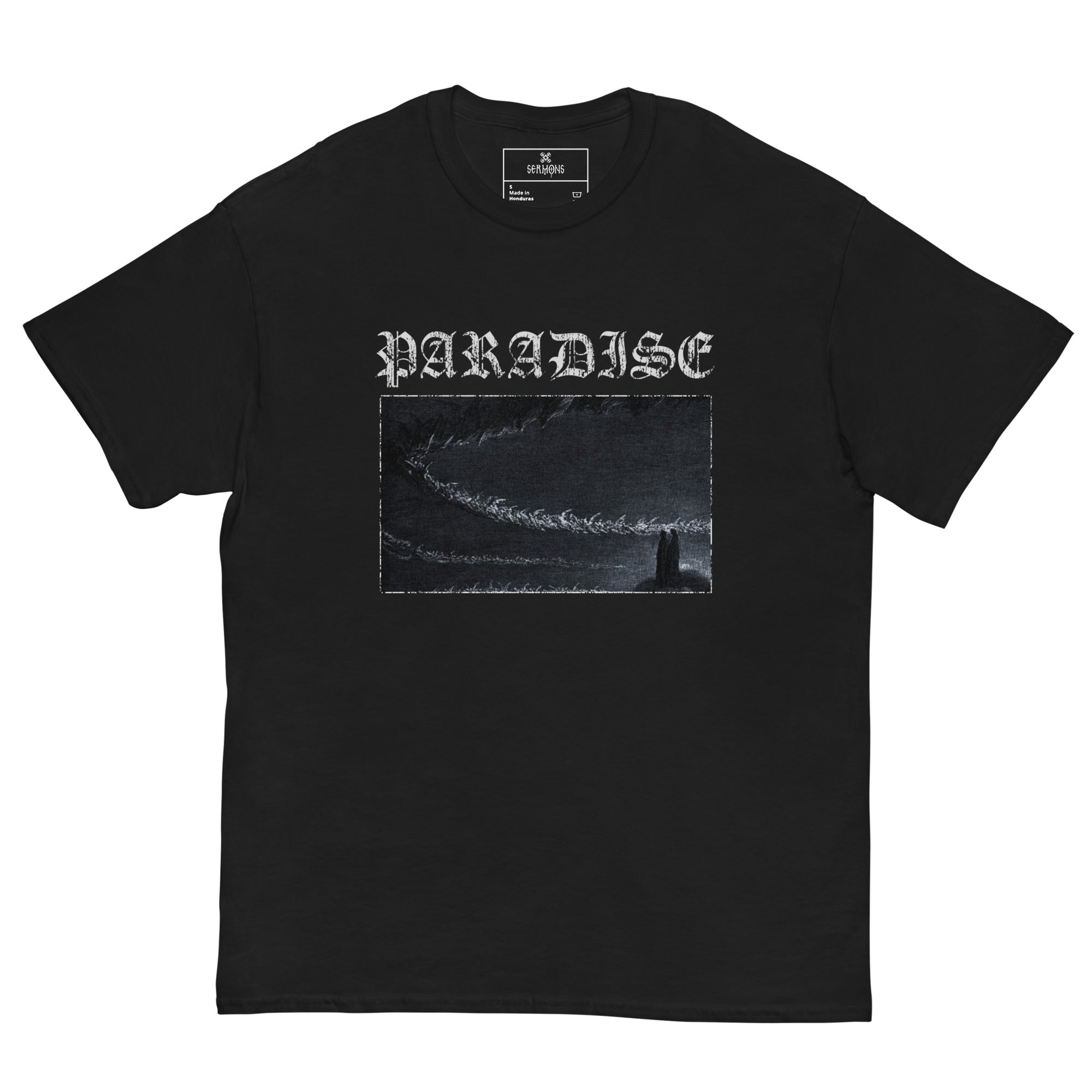 The Front view of the PARADISE T-Shirt. A vision of divine ascent. A gaze toward the uncreated Light, where the righteous gather in eternal worship. The return of man to communion with God, the eternal liturgy beyond time. Orthodox Christian clothing by Sermons