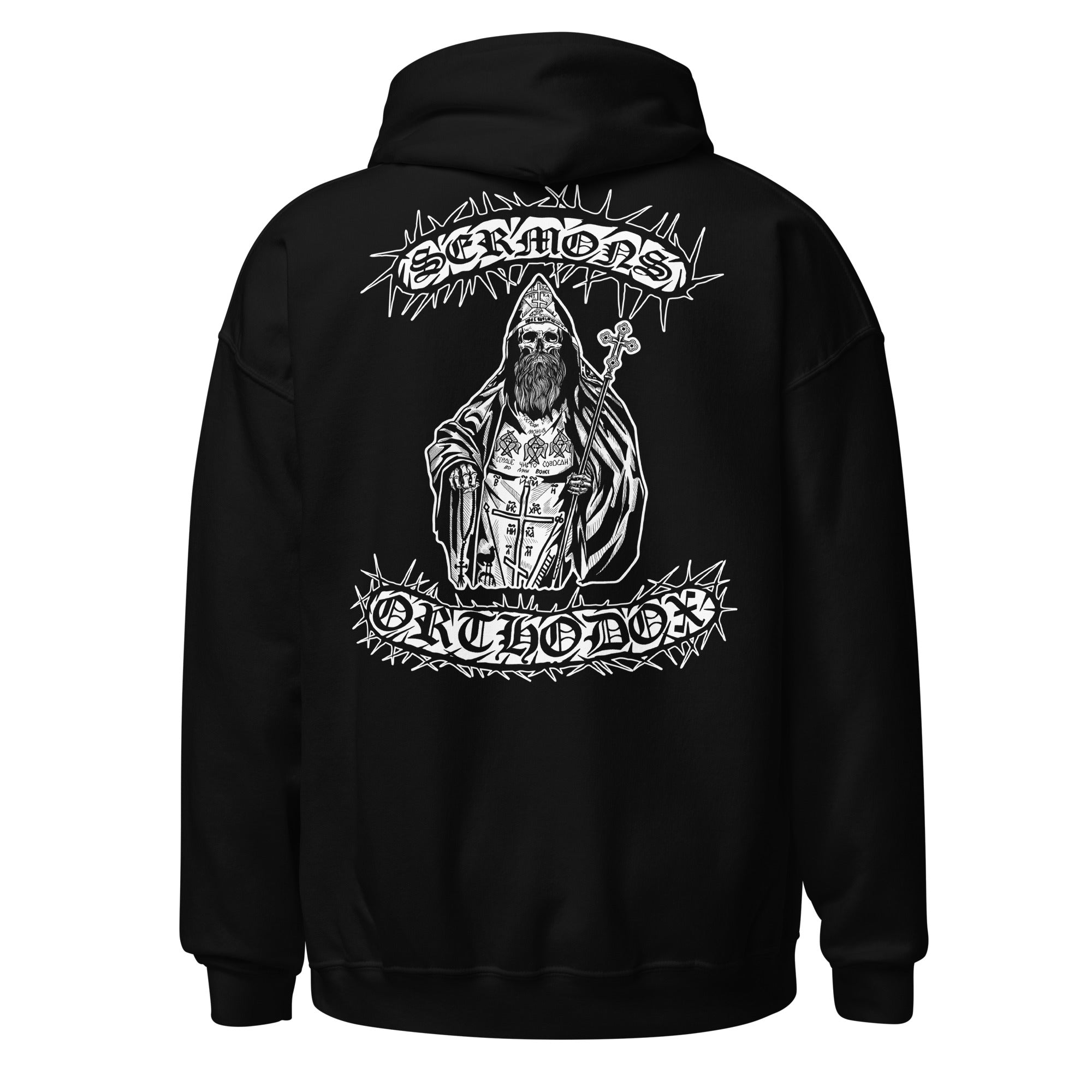 Back view of the relics of a Schema monk Black hoodie featuring a detailed white illustration of the relics of a Orthodox schema monk, clothed in the Great Schema, the final and highest monastic vow. In one hand, he holds a prayer rope and in the other, he holds a liturgical fan, symbol of the Divine Liturgy on earth and sign of the eternal communion he now partakes of in Paradise, where the worship of God never ceases.