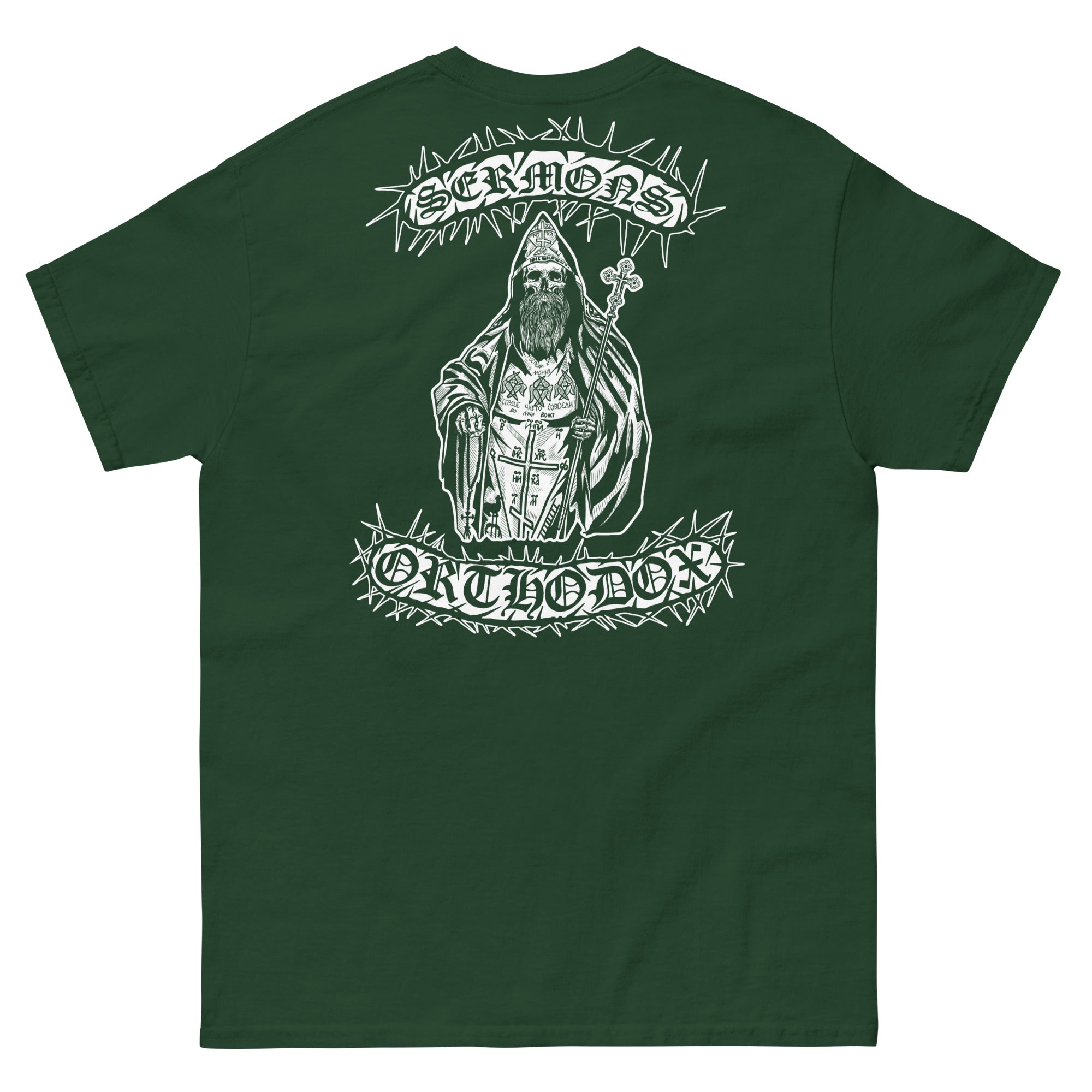 Back view of the relics of a Schema monk green T-Shirt