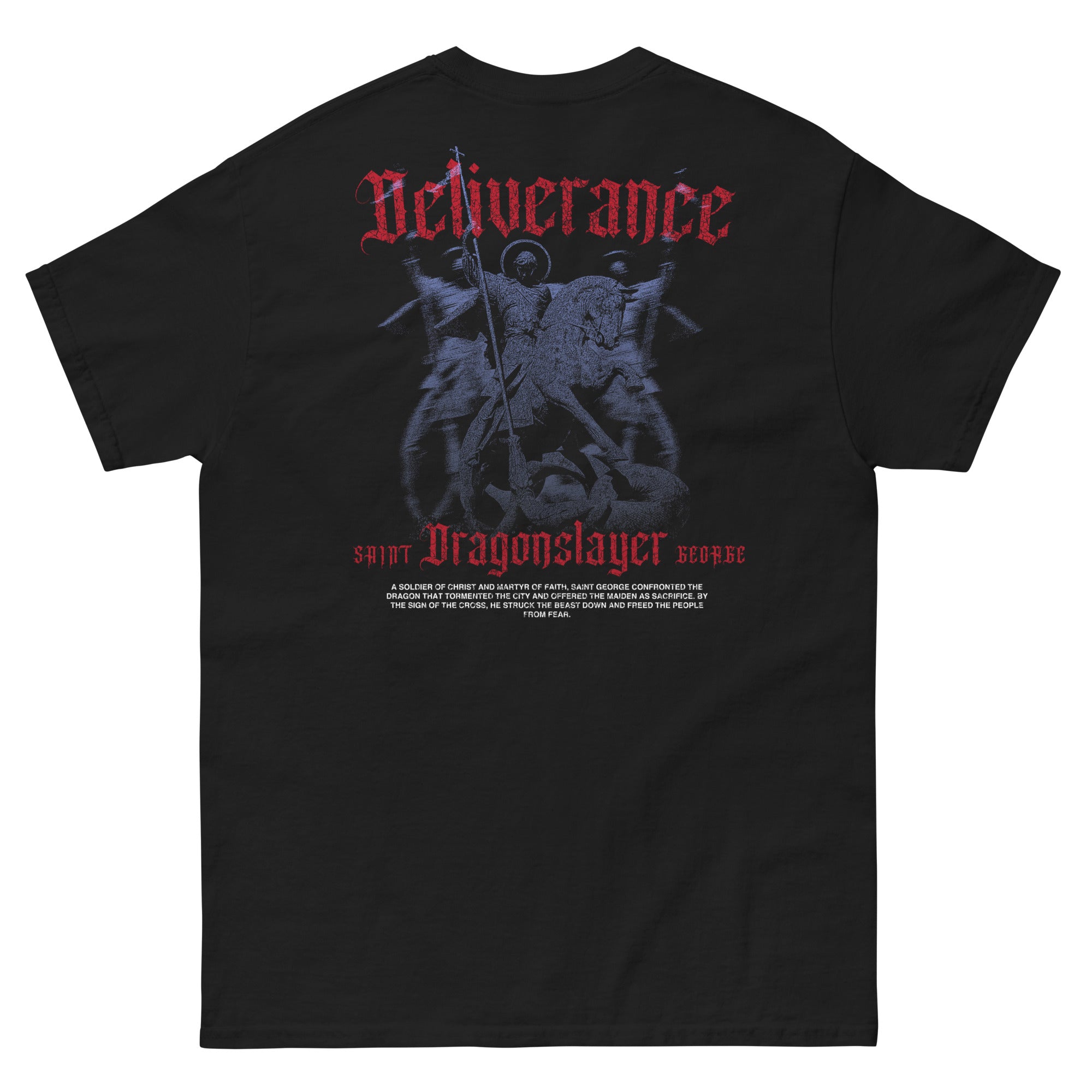 Saint George Orthodox Christian T-shirt - Black front view featuring Saint George on horseback slaying the dragon, with gothic red text reading 'Deliverance'