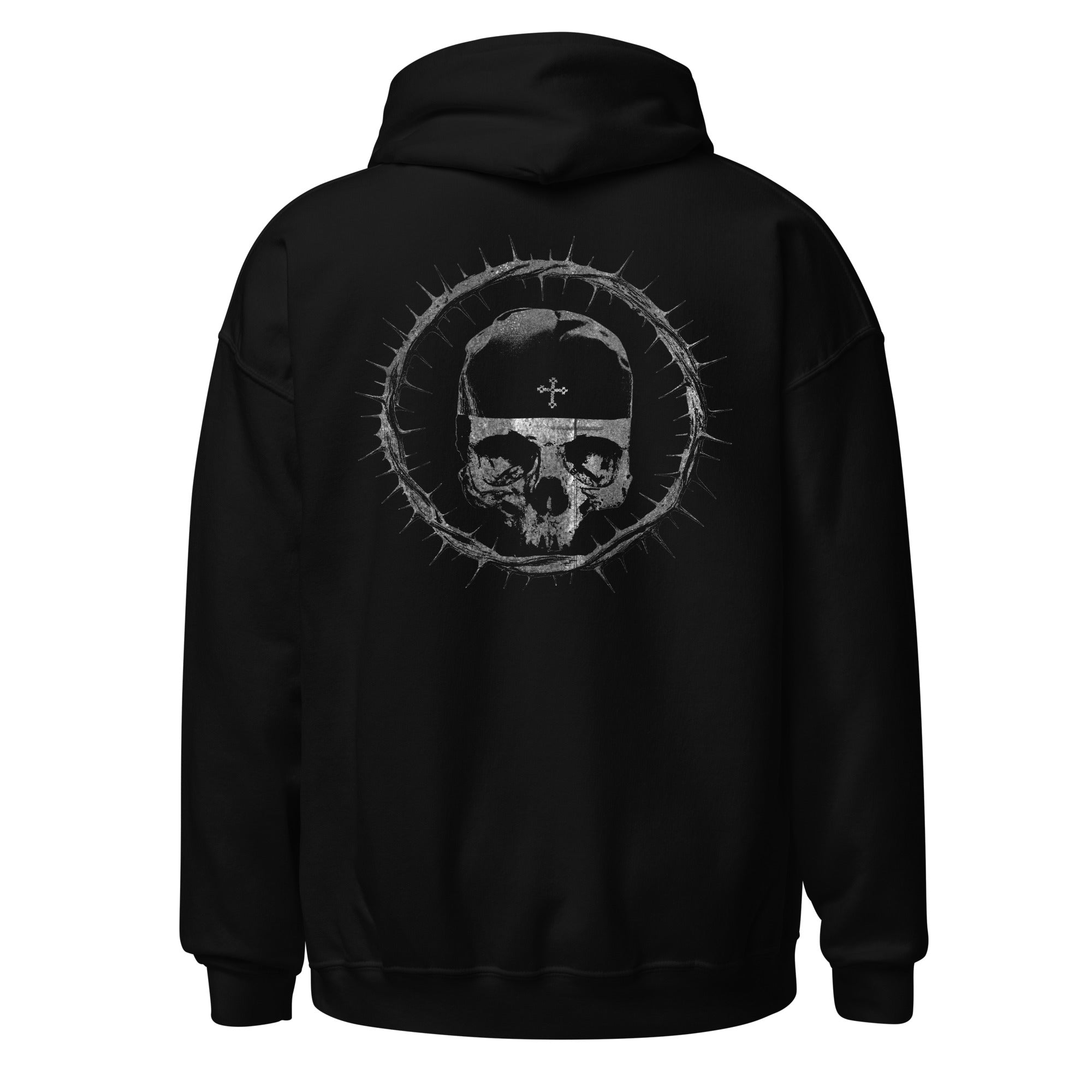 The back view of the crown of thorns black hoodie. The design features the signature Sermons monk skull with the skoufia bearing the Cross, enclosed within our Lord’s crown of thorns.