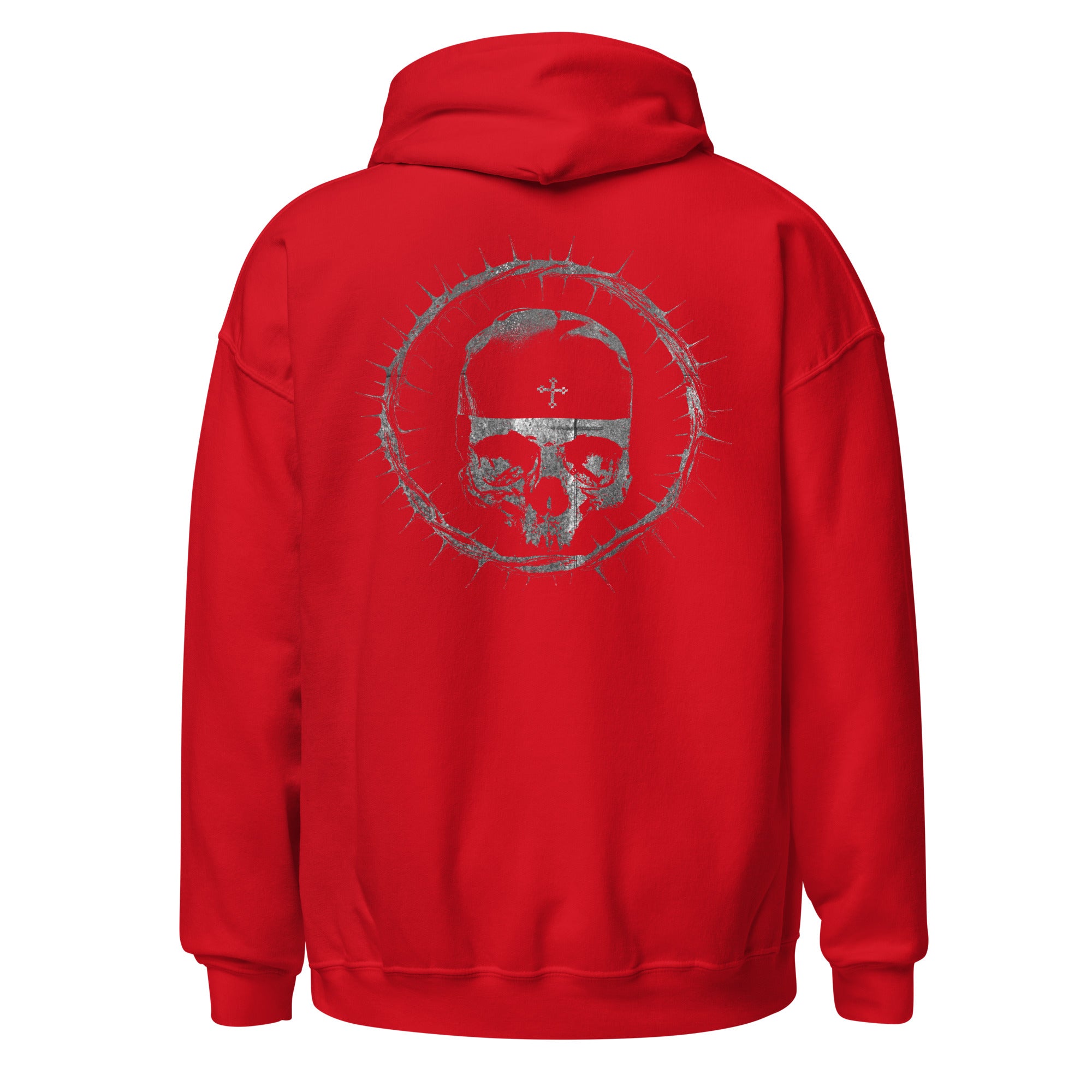 The back view of the crown of thorns red hoodie. The design features the signature Sermons monk skull with the skoufia bearing the Cross, enclosed within our Lord’s crown of thorns.