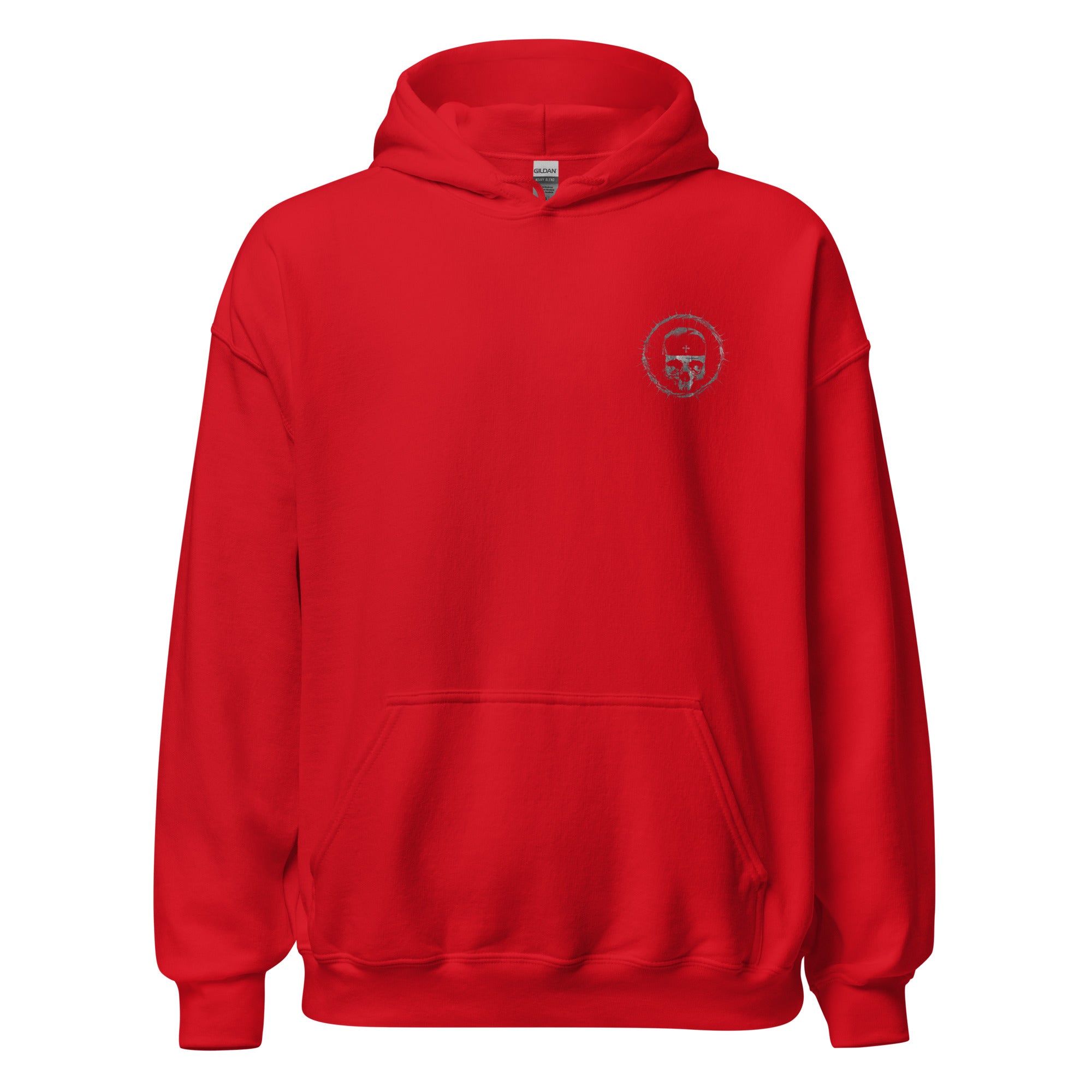 The front view of the crown of thorns red hoodie. The design features the signature Sermons monk skull with the skoufia bearing the Cross, enclosed within our Lord’s crown of thorns.