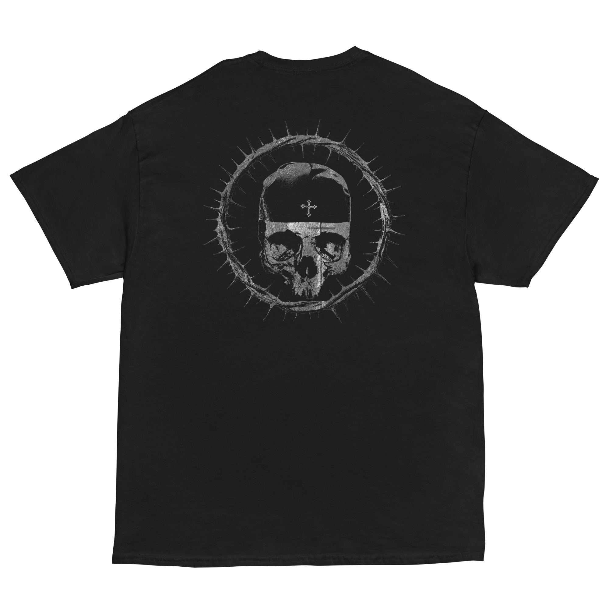The back view of the crown of thorns black T-Shirt. The design features the signature Sermons monk skull with the skoufia bearing the Cross, enclosed within our Lord’s crown of thorns.