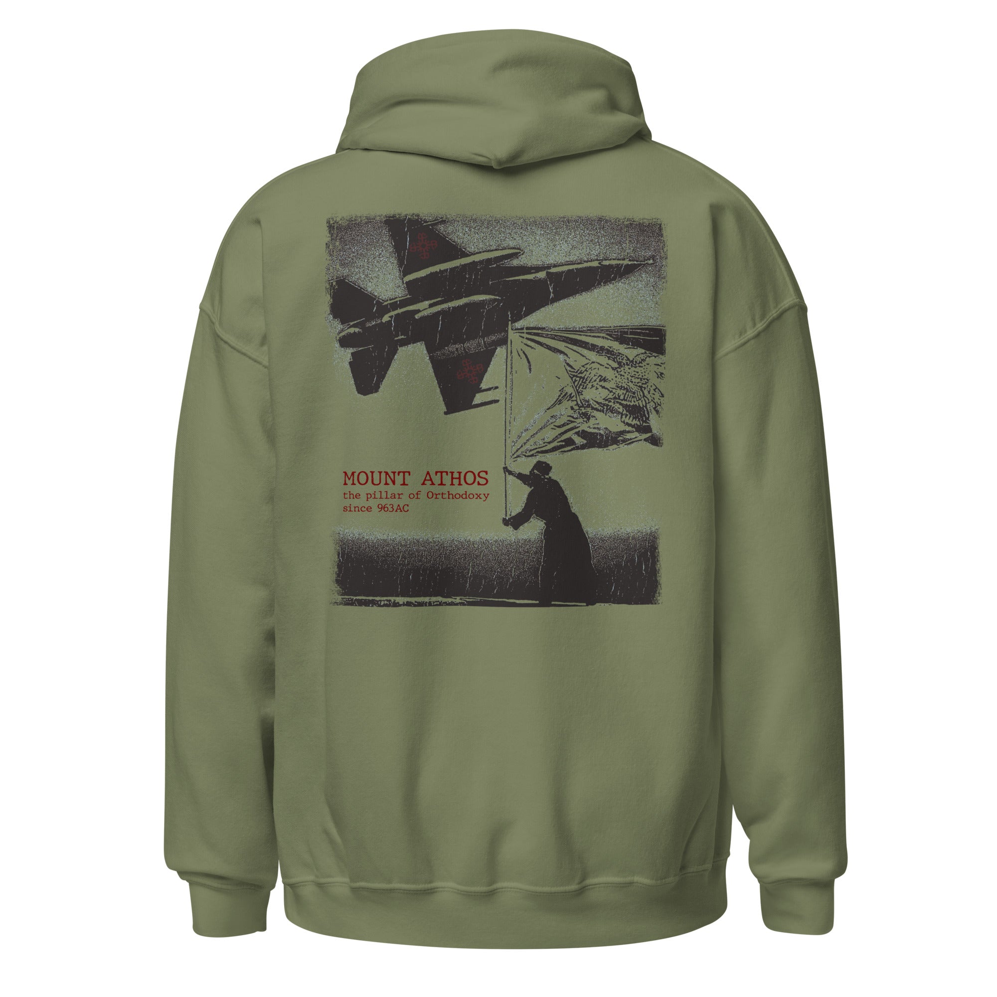 Mount Athos Orthodox Christian hoodie – Military green back view featuring monk raising a Byzantine flag, with red text declaring ‘Mount Athos, the pillar of Orthodoxy since 963AC