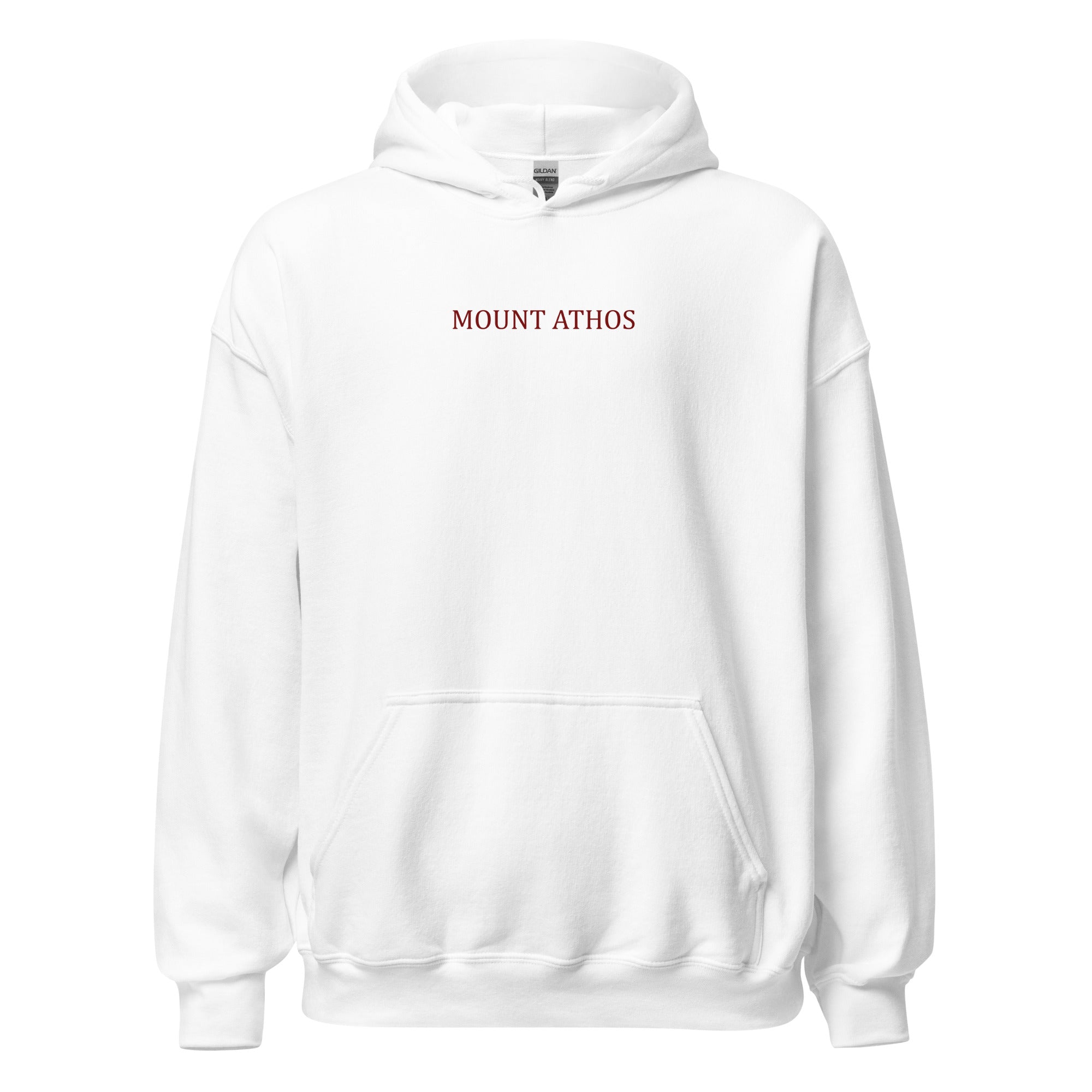 Mount Athos Orthodox Christian hoodie - white front view with a red text writing "Mount Athos"