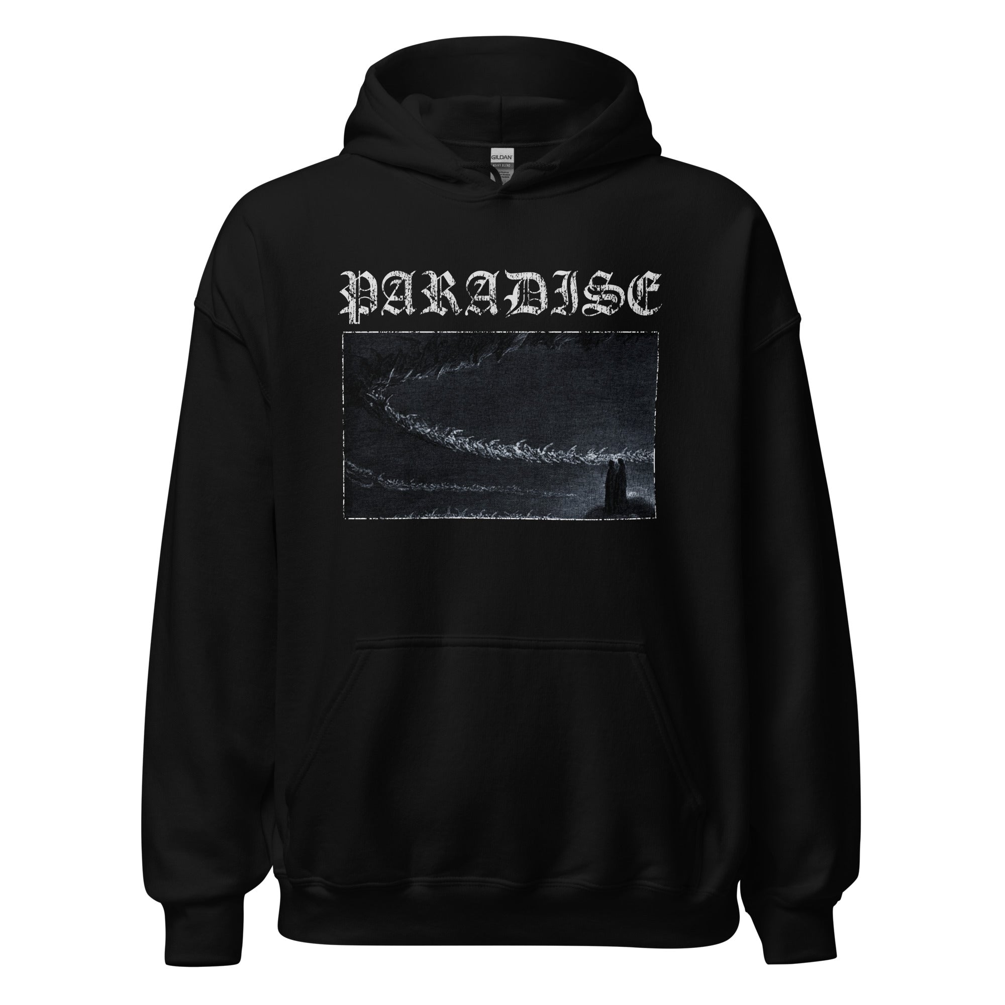 The Front view of the PARADISE Hoodie. A vision of divine ascent. A gaze toward the uncreated Light, where the righteous gather in eternal worship. The return of man to communion with God, the eternal liturgy beyond time. Orthodox Christian clothing by Sermons