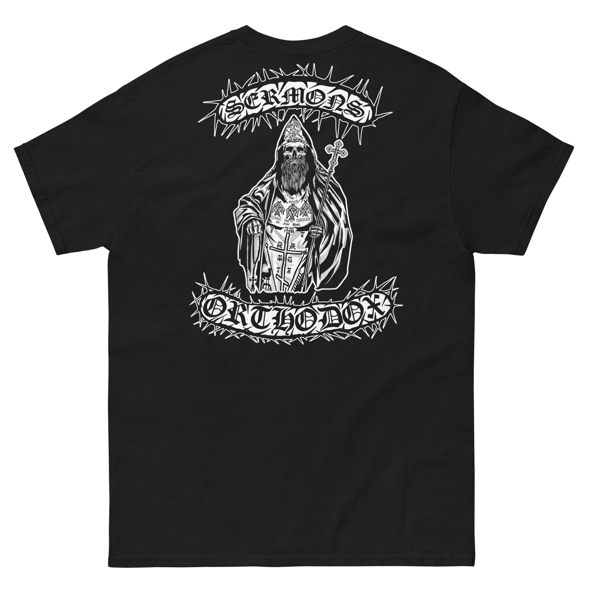 Back view of the relics of a Schema monk Black T-Shirt featuring a detailed white illustration of the relics of a Orthodox schema monk, clothed in the Great Schema, the final and highest monastic vow. In one hand, he holds a prayer rope and in the other, he holds a liturgical fan, symbol of the Divine Liturgy on earth and sign of the eternal communion he now partakes of in Paradise, where the worship of God never ceases.