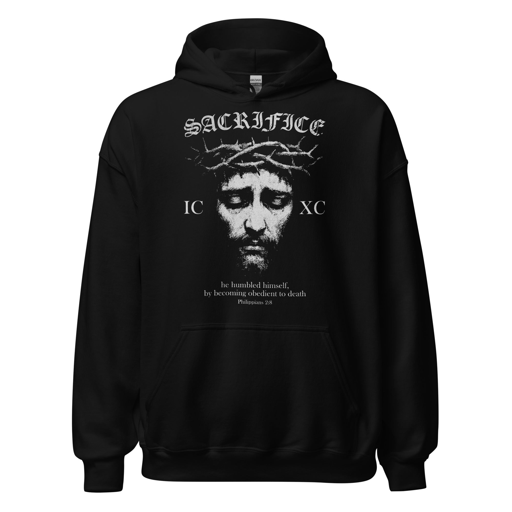 Front view of the black Sacrifice unisex hoodie featuring Christ crowned with thorns, the inscription SACRIFICE above, and the verse from Philippians 2:8 — 'he humbled himself, by becoming obedient to death' — Orthodox Christian clothing design