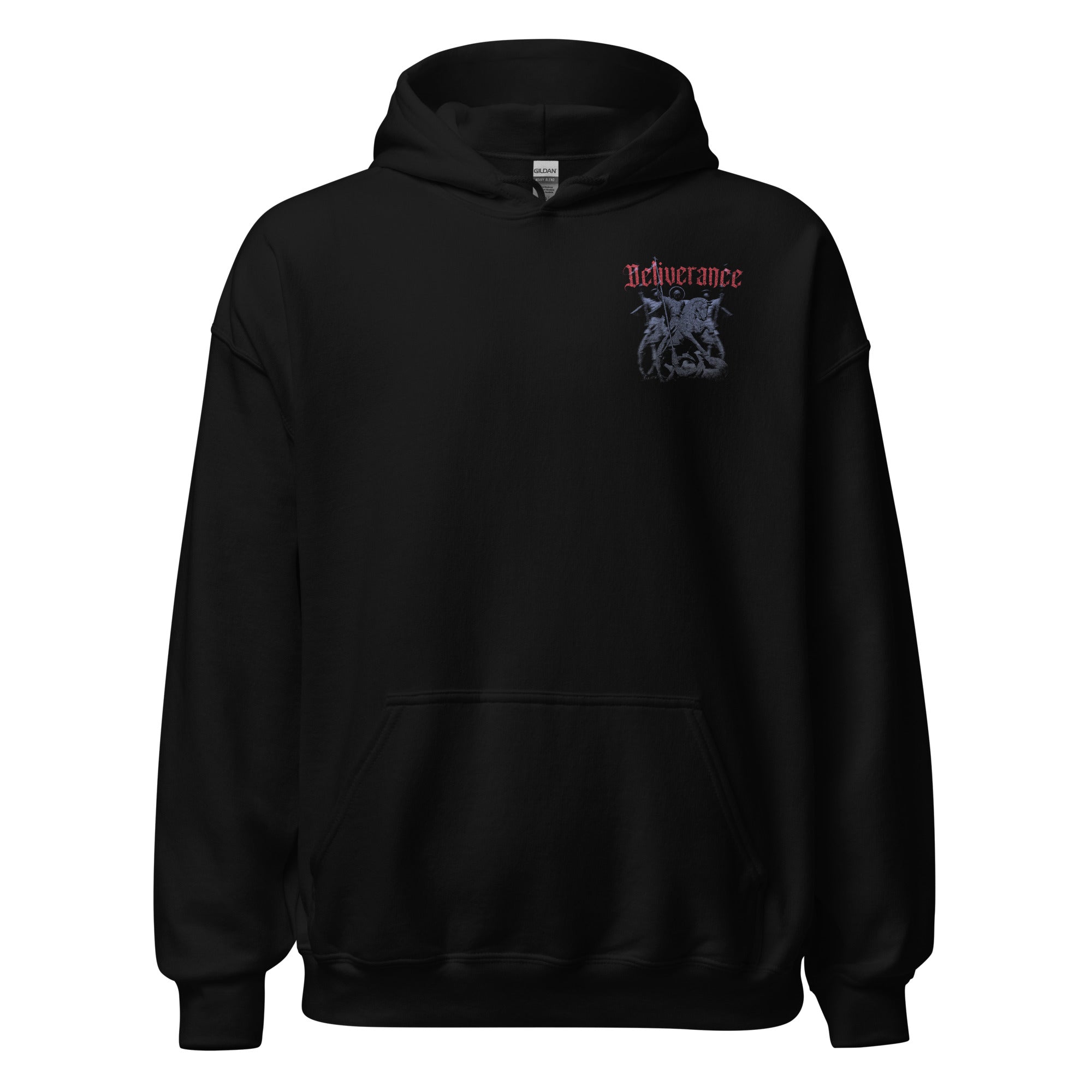 Saint George Orthodox Christian Hoodie- Black front view featuring Saint George on horseback slaying the dragon, with gothic red text reading 'Deliverance'